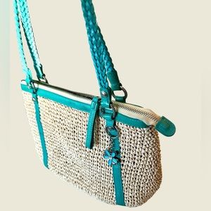 Brighton Woven Straw Shoulder Bag Turquoise Trim